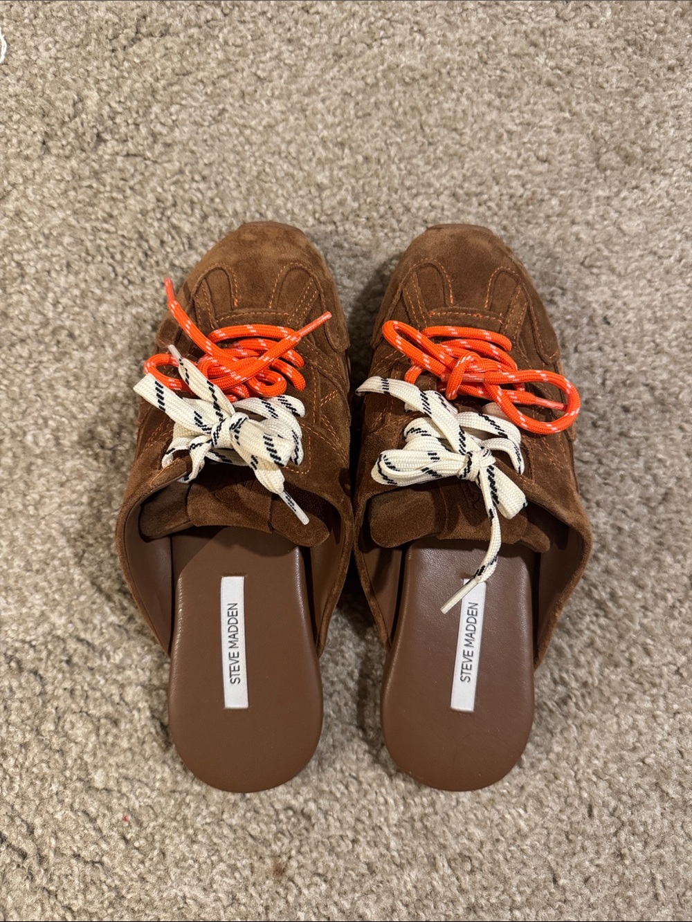 Steve Madden Brown Suede Mule Sneakers with Orange & Cream Laces